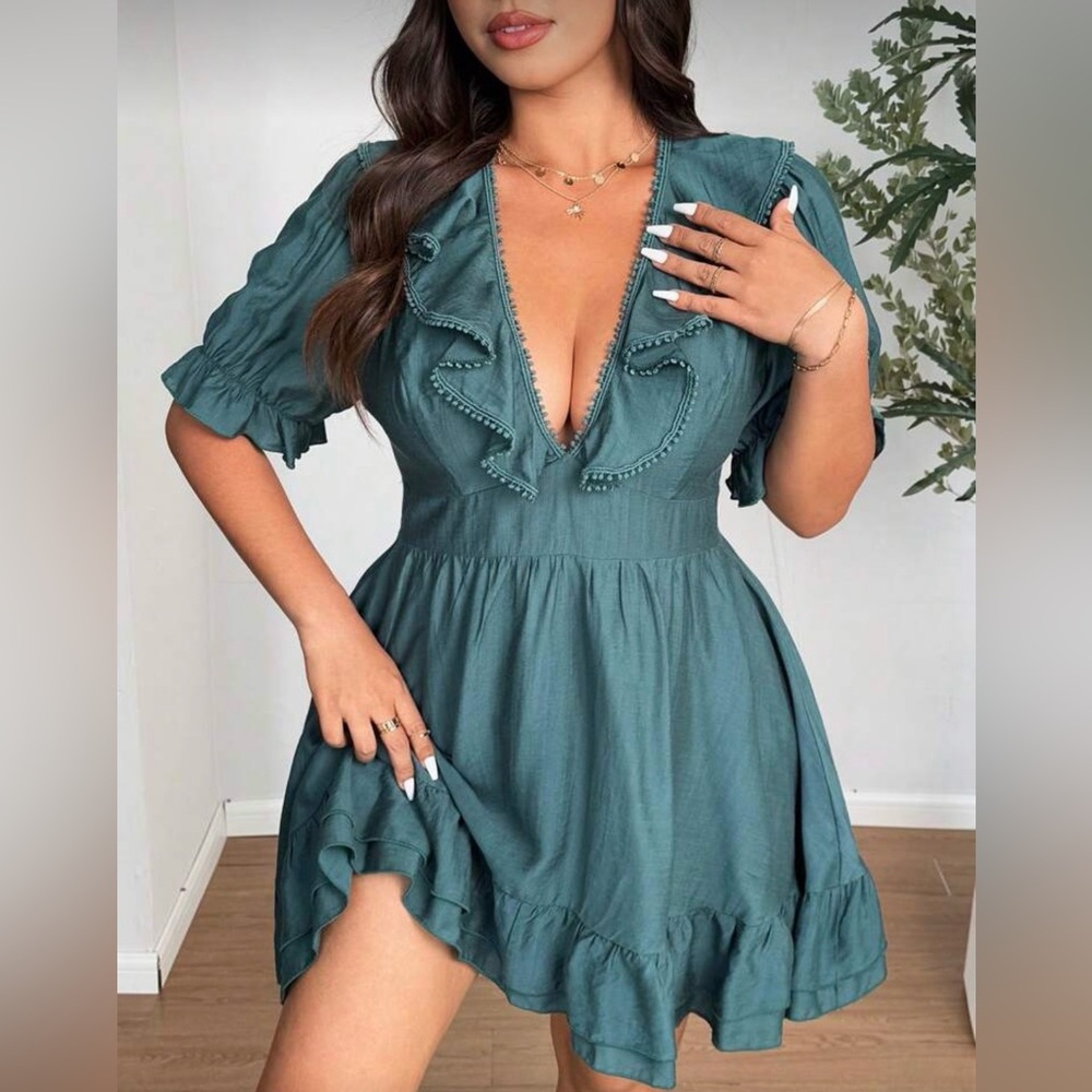 SHEIN Teal Midi Dress with Ruffle Details